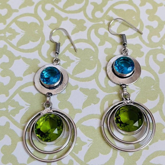 Blue Topaz/Peridot Gemstone 925 Sterling Silver Plated Artisan Dangle Earrings - Picture 3 of 7